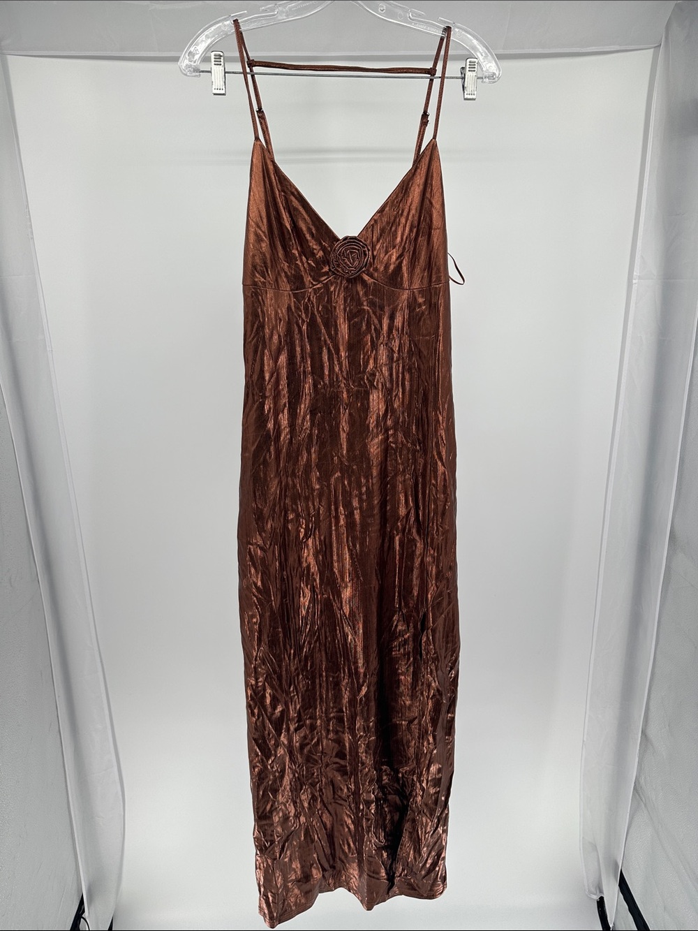 Satin Maxi Slip Dress with Rosette Accent — Copper